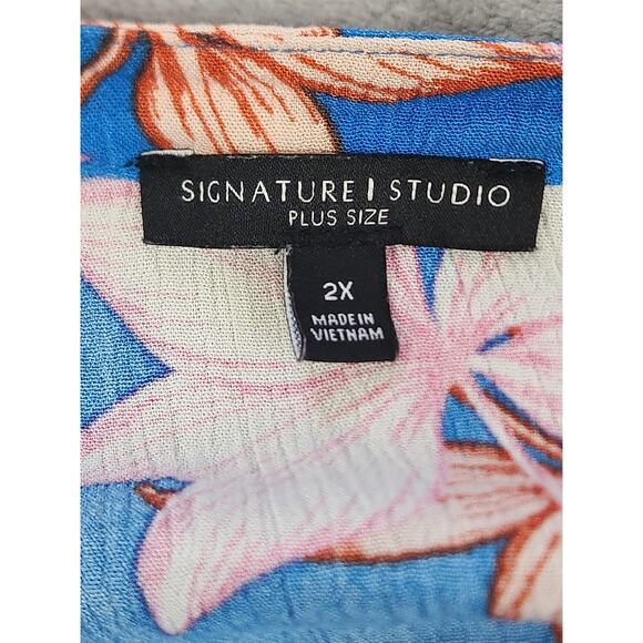 Signature Studio tropical Print Blouse Blue Pink Cap Sleeve Size 2X - Picture 9 of 9